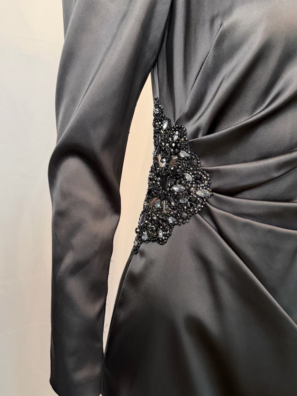 David Meister Black Satin Long-Sleeve Sheath Dress with Draped Waist - Picture 3 of 7